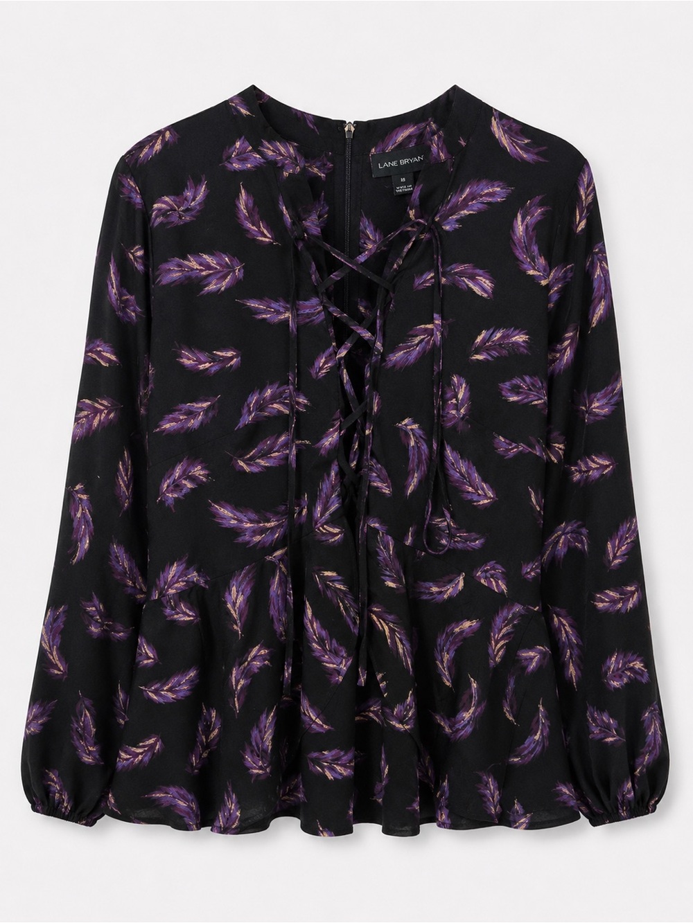 Lane Bryant Black Blouse with Purple Feather Print and Lace-Up Front